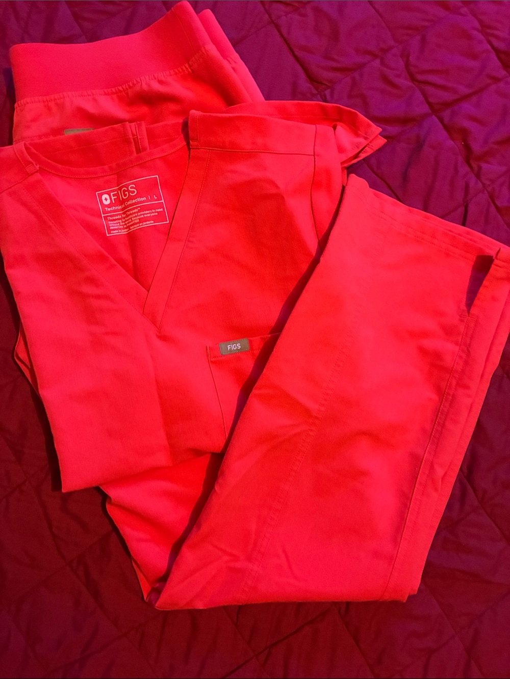Figs Women's V-Neck Scrub Top and Pants in Coral